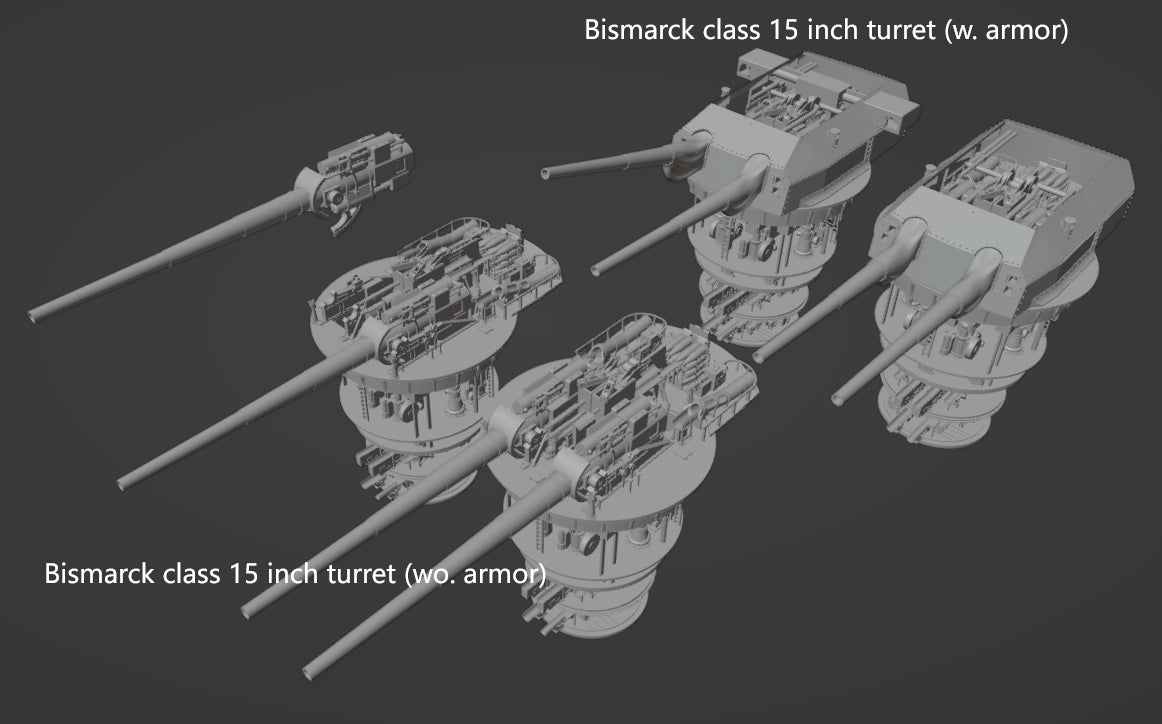 1:700, 1:350, 1:200 German Navy full interior turrets, 2 turrets per kit, 3d printed kit, Bismarck turrets, very detailed