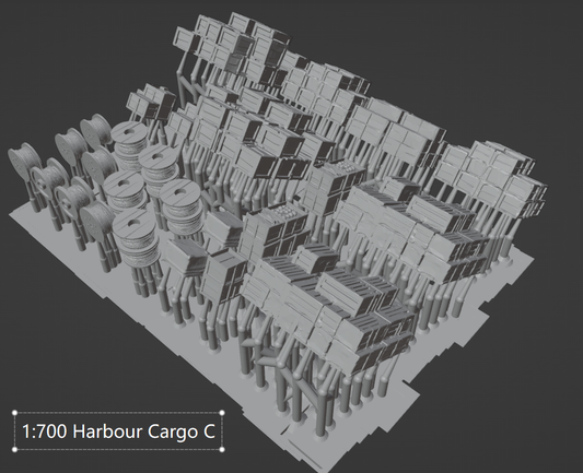 1:700 harbour cargo, cases, boxes, ammo box, ship building material, container, oil drum, wood piles, chest