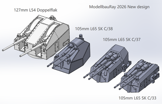 German Navy heavy AA guns, 105mm AA guns, 127mm, 128mm AA guns, 105mm L65 SK C38, 127mm L55 Flak, 3D printed kits