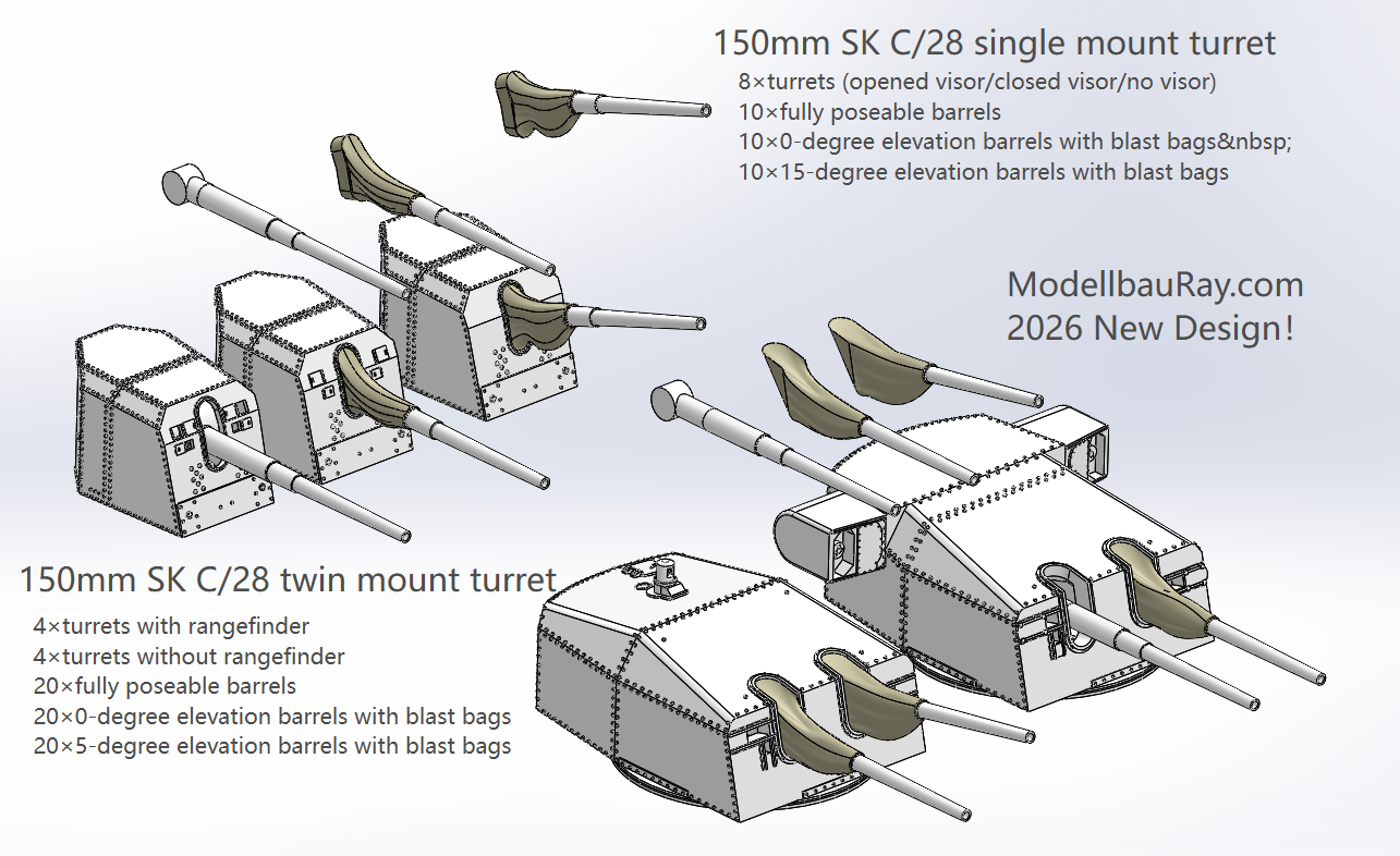 German Navy secondary guns, medium caliber guns, 150mm SKC28, 150mm SKC25, twin, triple and single mount turrets, 3D printed kits