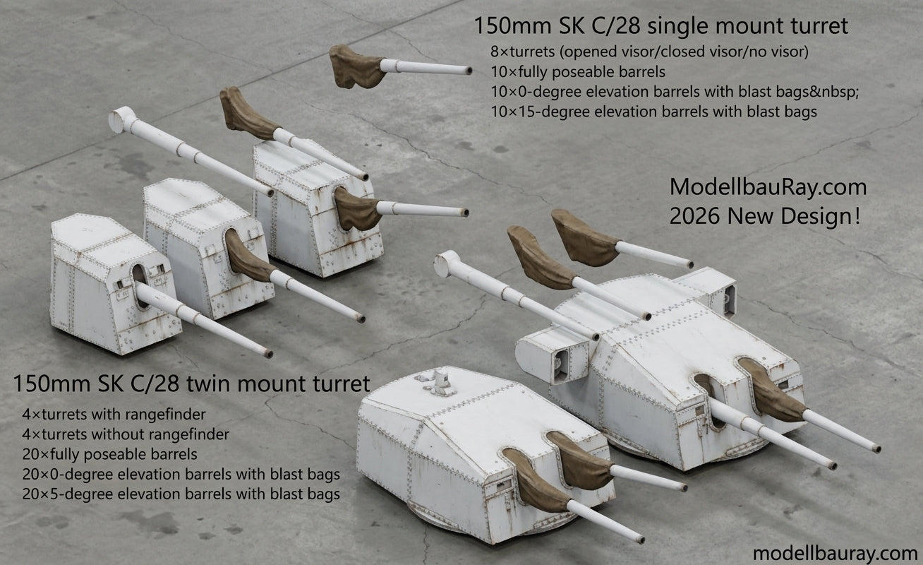 Kriegsmarine secondary guns, medium caliber guns, 150mm SKC28, 150mm SKC25, twin, triple and single mount turrets, 3D printed kits