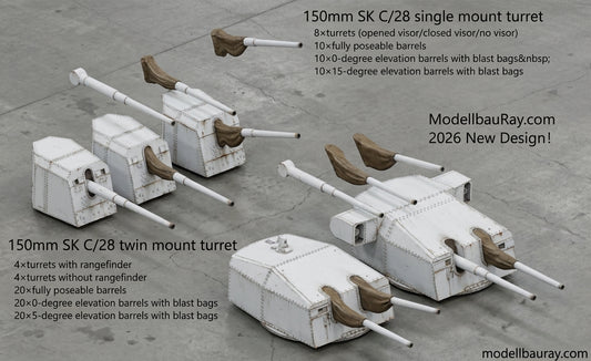 Kriegsmarine secondary guns, medium caliber guns, 150mm SKC28, 150mm SKC25, twin, triple and single mount turrets, 3D printed kits