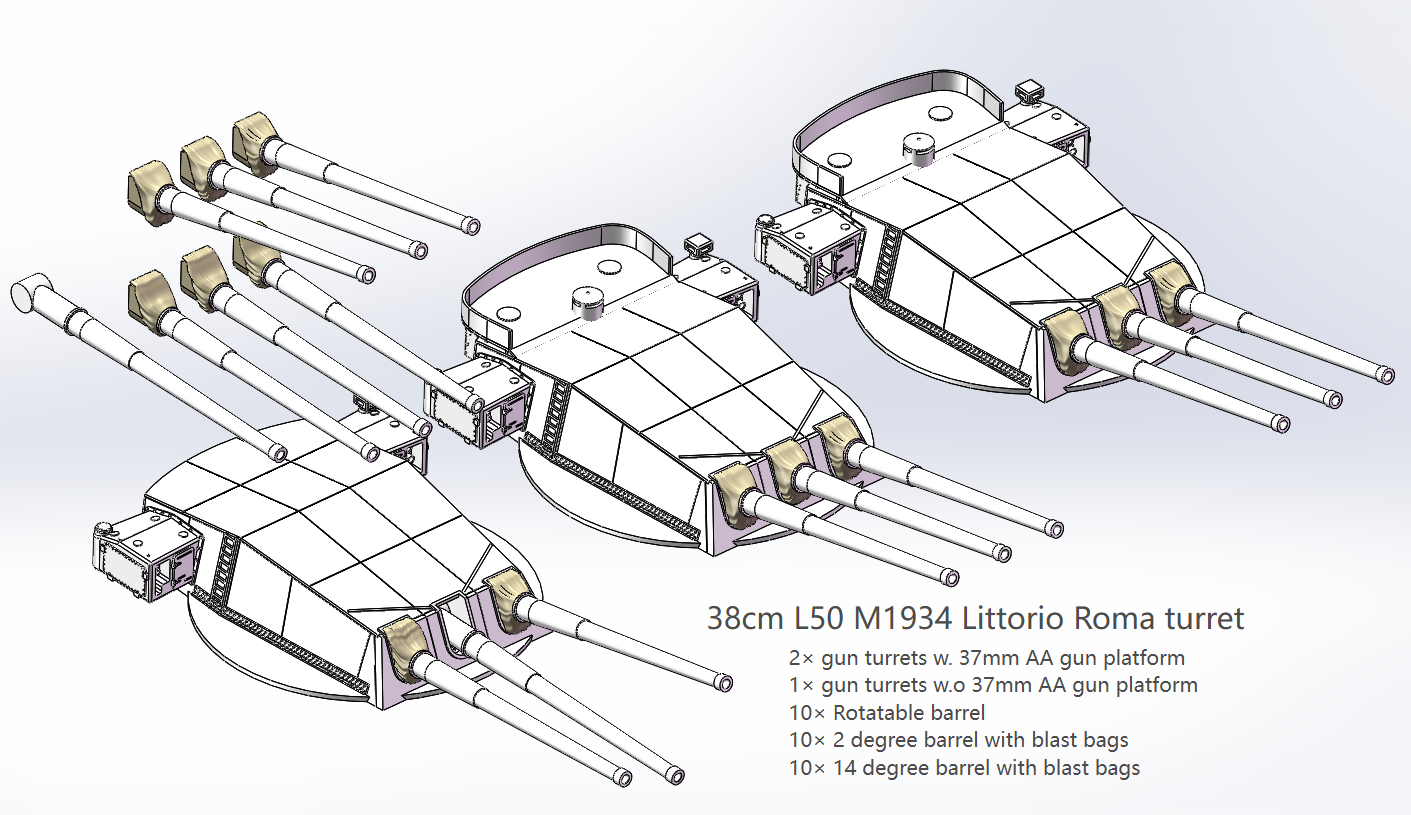 Italian navy main gun turrets, 305mm, 380mm, 320mm, Littorio, Roma, Conte di Cavour, Dante Alighieri 3D printed kits