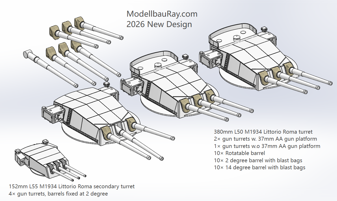 Italian navy main gun turrets, 305mm, 380mm, 320mm, Littorio, Roma, Conte di Cavour, Dante Alighieri 3D printed kits