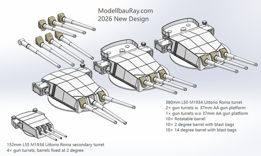 Italian navy main gun turrets, 305mm, 380mm, 320mm, Littorio, Roma, Conte di Cavour, Dante Alighieri 3D printed kits