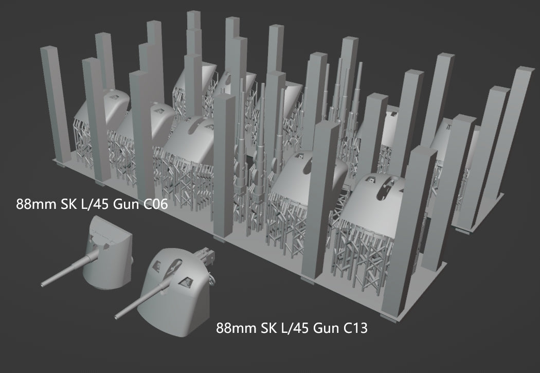 1:700, 1:350 German Navy Secondary Guns, WWI, WWII, heavy AA guns 88mm, 150mm guns