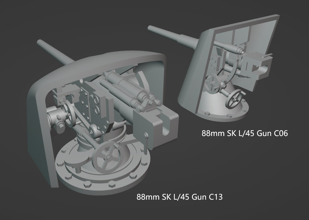 1:700, 1:350 German Navy Secondary Guns, WWI, WWII, heavy AA guns 88mm, 150mm guns