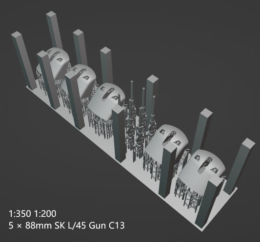 1:700, 1:350 German Navy Secondary Guns, WWI, WWII, heavy AA guns 88mm, 150mm guns