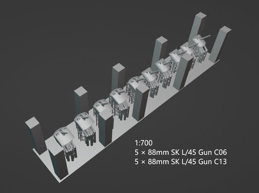 1:700, 1:350 German Navy Secondary Guns, WWI, WWII, heavy AA guns 88mm, 150mm guns