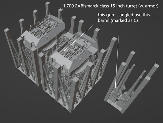 1:700, 1:350, 1:200 German Navy full interior turrets, 2 turrets per kit, 3d printed kit, Bismarck turrets, very detailed