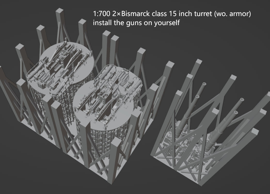 1:700, 1:350, 1:200 German Navy full interior turrets, 2 turrets per kit, 3d printed kit, Bismarck turrets, very detailed