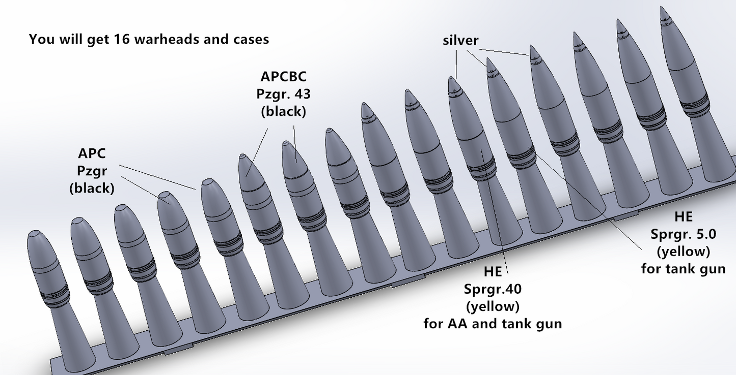 1:35 WWII German Ammunition, for Tanks, cases and warhead, 3D printed, 37mm, 50mm, 75mm, 88mm, 128mm