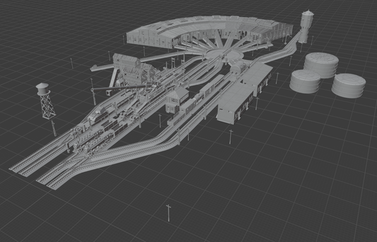 1:700 Train station diorama. Railway turntable, Schwerer Gustav Railway Gun, K5 railway gun, train, BR86, shipyard train