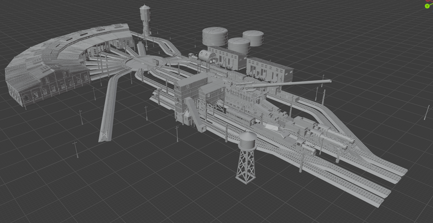 1:700 Train station diorama. Railway turntable, Schwerer Gustav Railway Gun, K5 railway gun, train, BR86, shipyard train