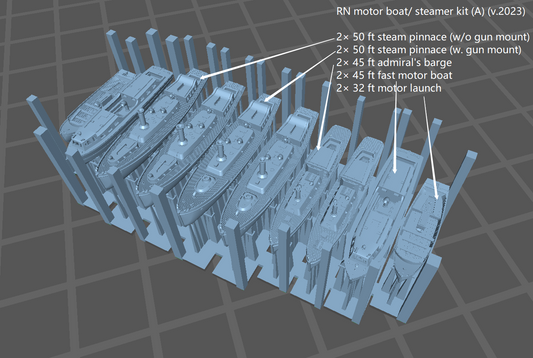 RN boat kit, royal navy, 3D printed accessories, highly detailed, 50 ft steam pinnace, 36 ft motor pinnace, 35 ft fast motor boat, 45 ft admiral's barge, 45 ft fast motor boat