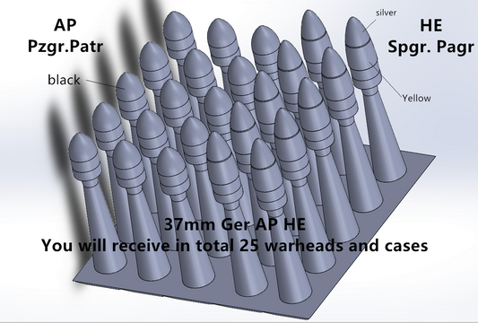 1:35 WWII German Ammunition, for Tanks, cases and warhead, 3D printed, 37mm, 50mm, 75mm, 88mm, 128mm