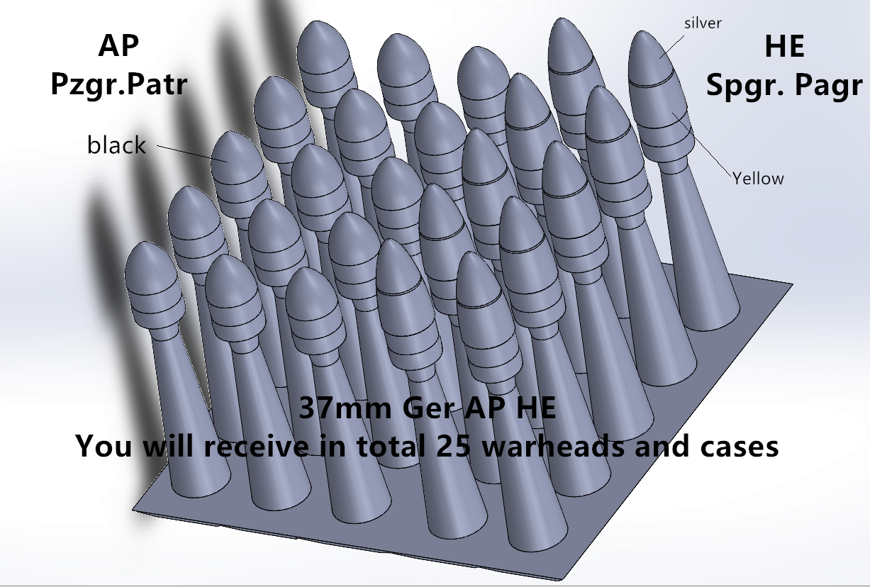 1:35 WWII German Ammunition, for Tanks, cases and warhead, 3D printed, 37mm, 50mm, 75mm, 88mm, 128mm