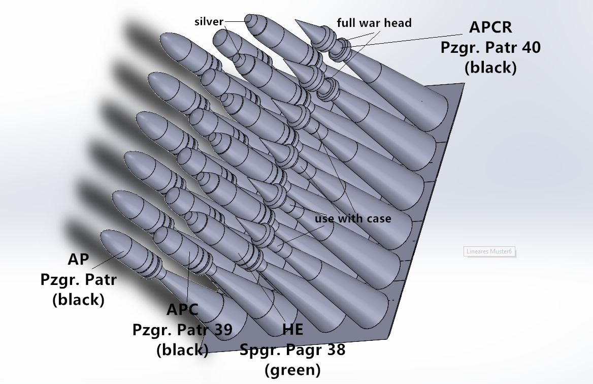 1:35 WWII German Ammunition, for Tanks, cases and warhead, 3D printed, 37mm, 50mm, 75mm, 88mm, 128mm