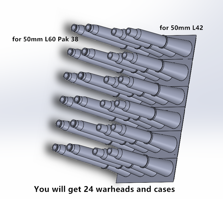 1:35 WWII German Ammunition, for Tanks, cases and warhead, 3D printed, 37mm, 50mm, 75mm, 88mm, 128mm