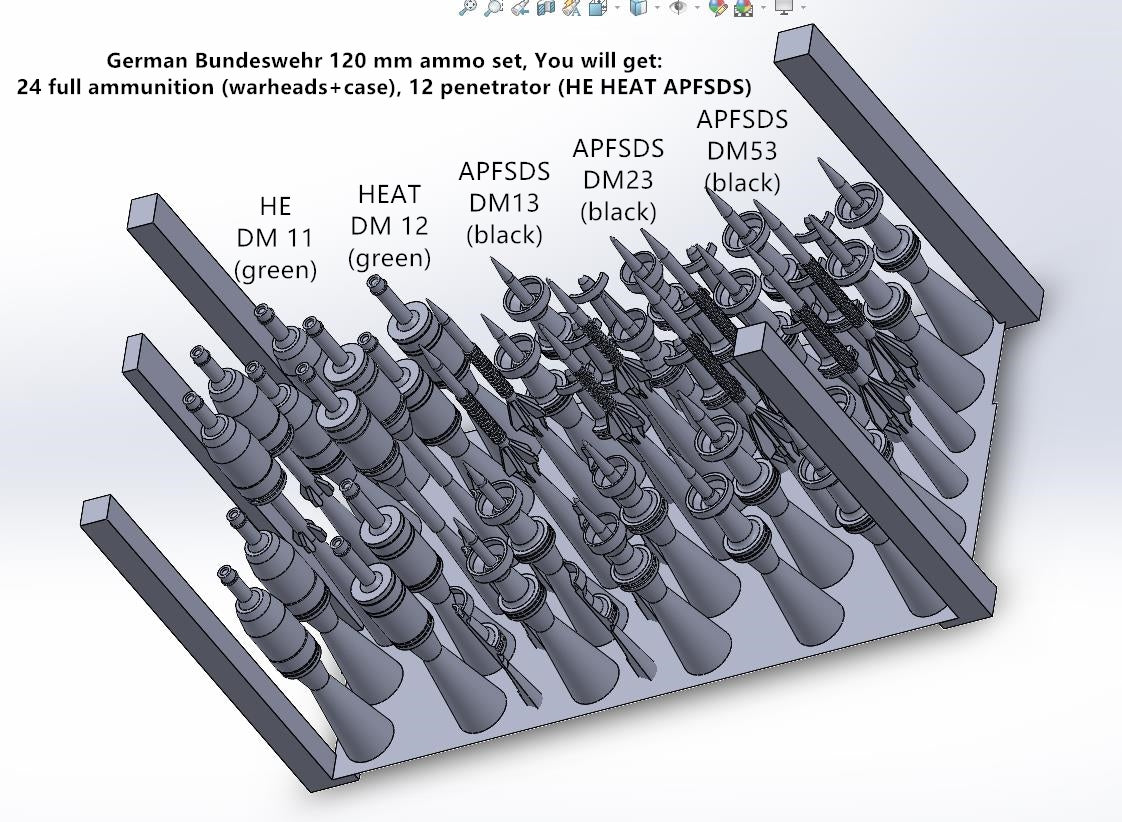 1:35 German 120 mm Ammunition set, for Bundeswehr Tanks, case and warhead, 3D printed, HE, HEAT, APFSDS