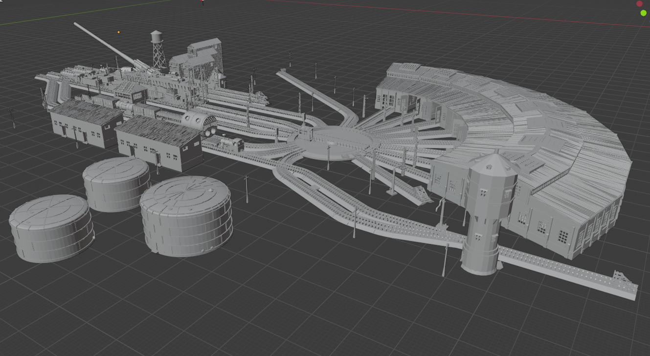 1:700 Train station diorama. Railway turntable, Schwerer Gustav Railway Gun, K5 railway gun, train, BR86, shipyard train