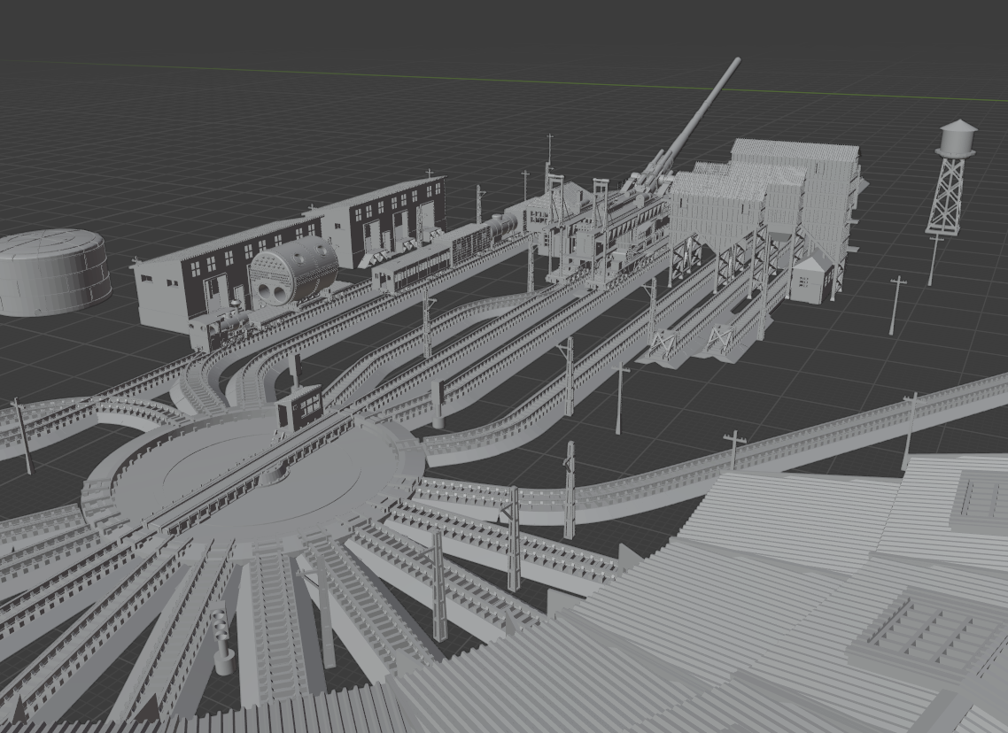 1:700 Train station diorama. Railway turntable, Schwerer Gustav Railway Gun, K5 railway gun, train, BR86, shipyard train