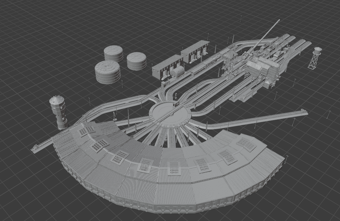 1:700 Train station diorama. Railway turntable, Schwerer Gustav Railway Gun, K5 railway gun, train, BR86, shipyard train