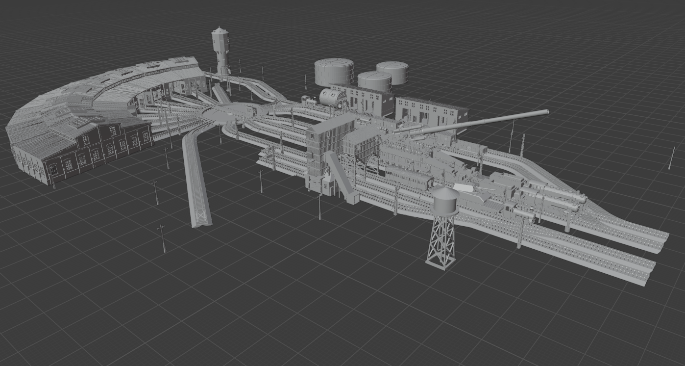 1:700 Train station diorama. Railway turntable, Schwerer Gustav Railway Gun, K5 railway gun, train, BR86, shipyard train