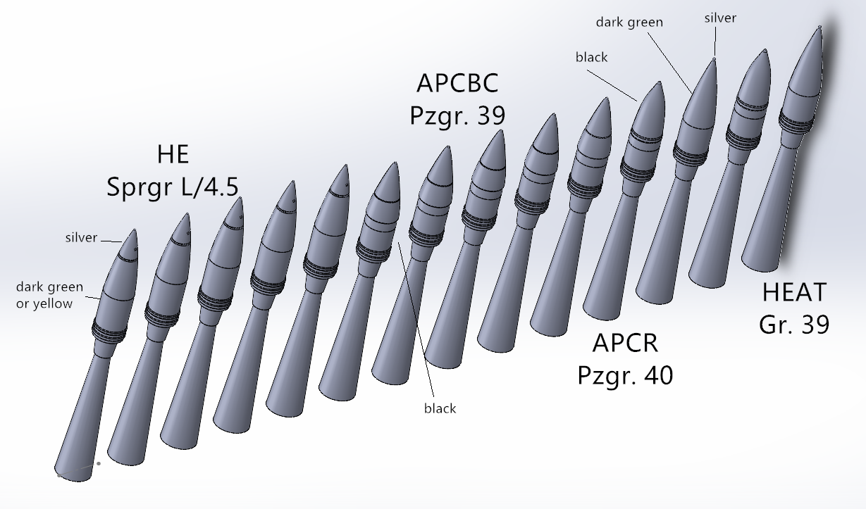 1:35 WWII German Ammunition, for Tanks, cases and warhead, 3D printed, 37mm, 50mm, 75mm, 88mm, 128mm